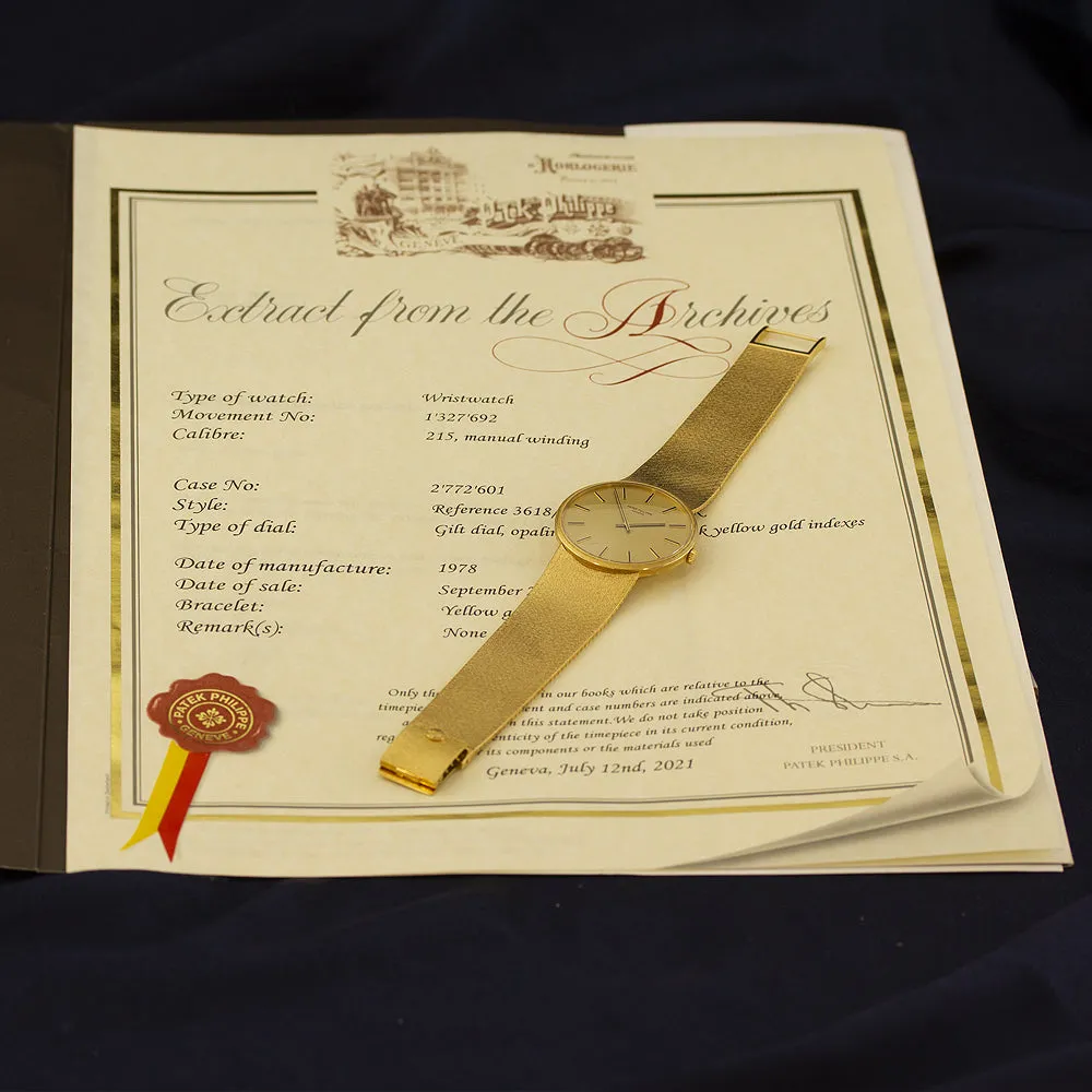 1978 Vintage Patek Philippe Calatrava 18ct Yellow Gold Manual Wind Bracelet Watch, 3618/1