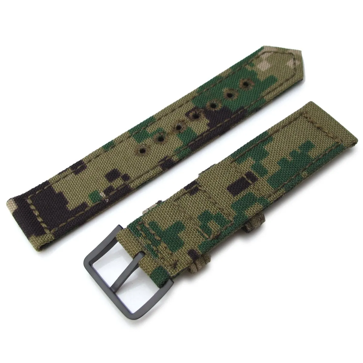 20mm, 21mm or 22mm MiLTAT WW2 2-piece Woodland Camo Cordura 1000D Armband with lockstitch round hole, PVD Black