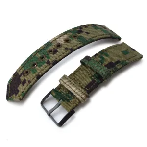 20mm, 21mm or 22mm MiLTAT WW2 2-piece Woodland Camo Cordura 1000D Armband with lockstitch round hole, PVD Black