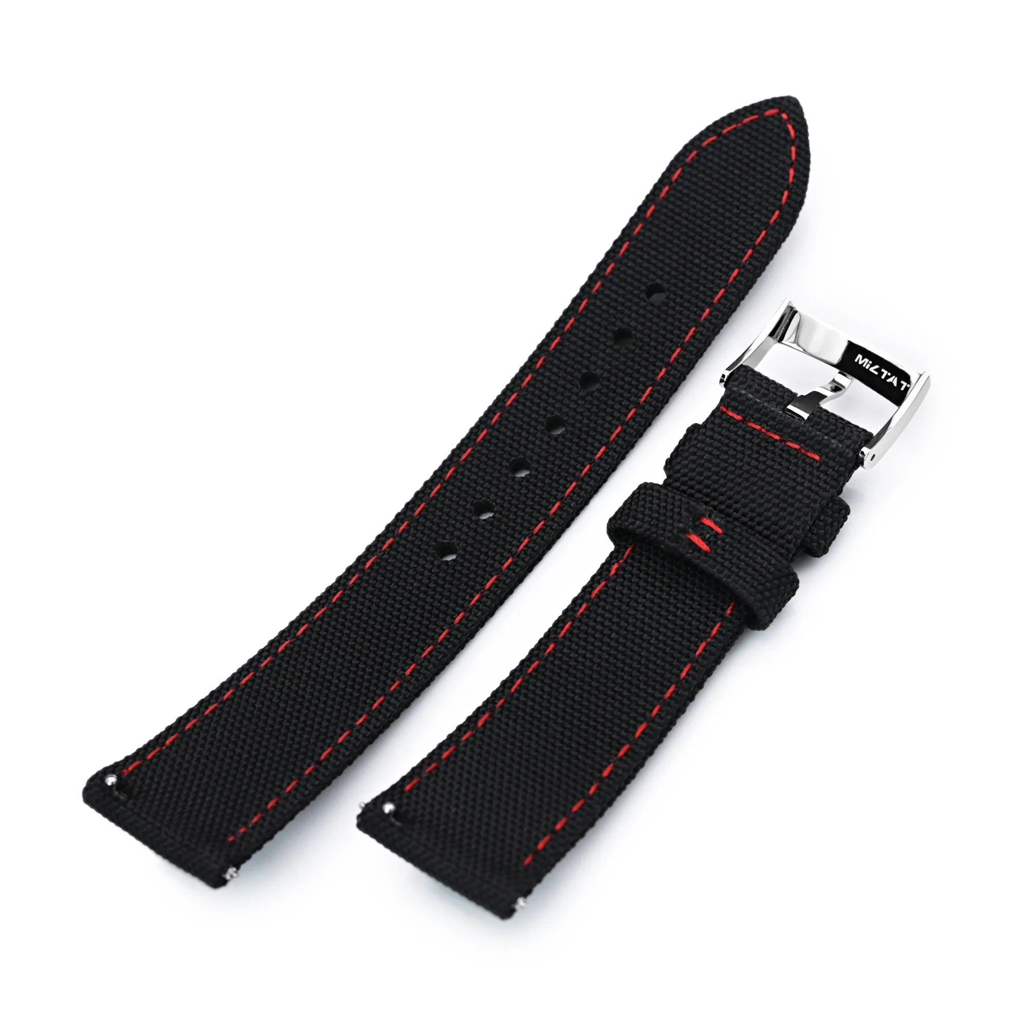 20mm Sailcloth Strap Black Quick Release Nylon Watch Band, Red Stitching