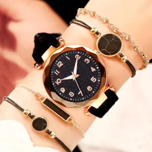 5pcs Women's Fashion Watch Set | Elegant Black Analog Wrist Watches with Bracelets