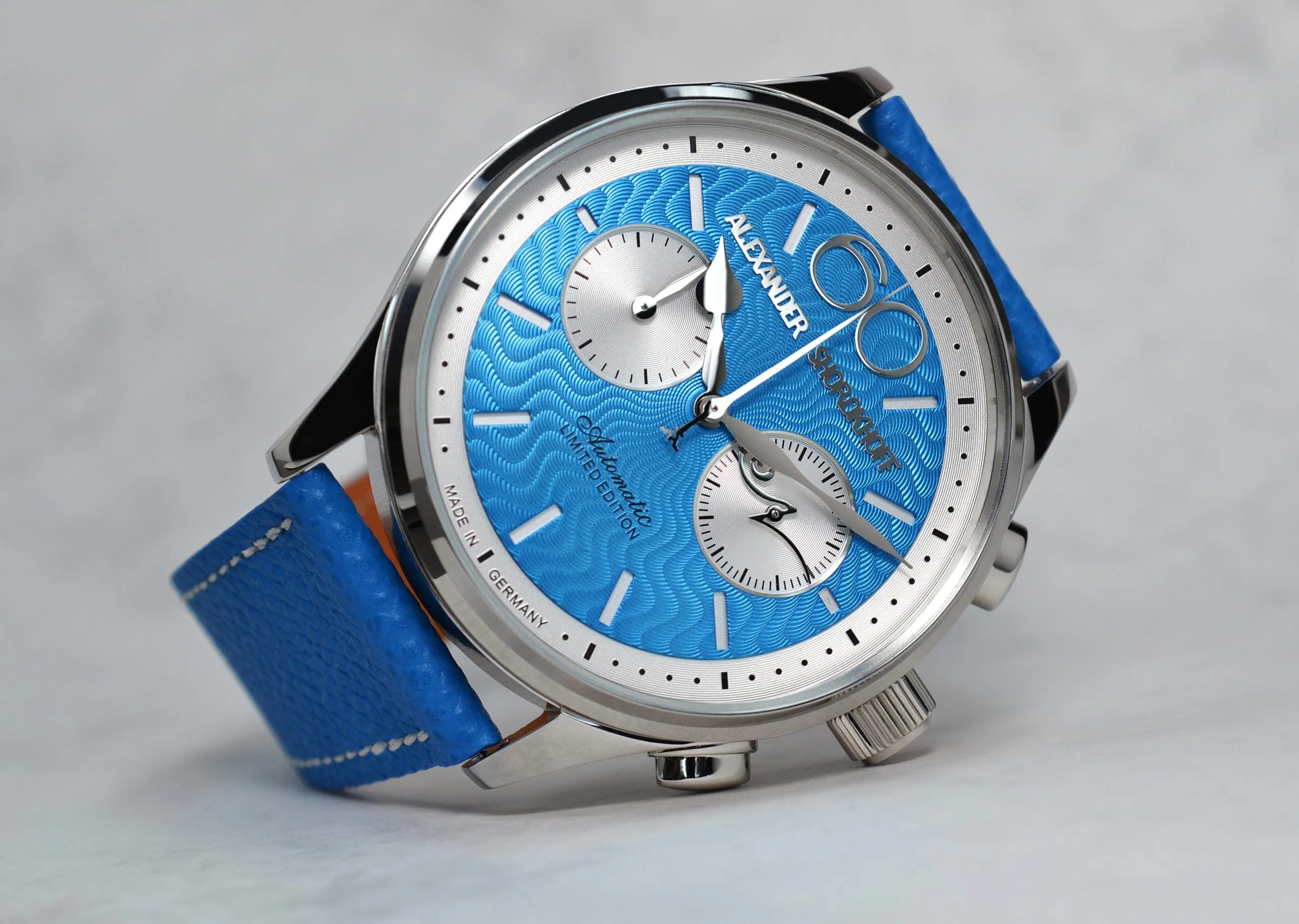 ALEXANDER SHOROKHOFF Neva Chrono Wavy guilloche blue with silver sub-dials