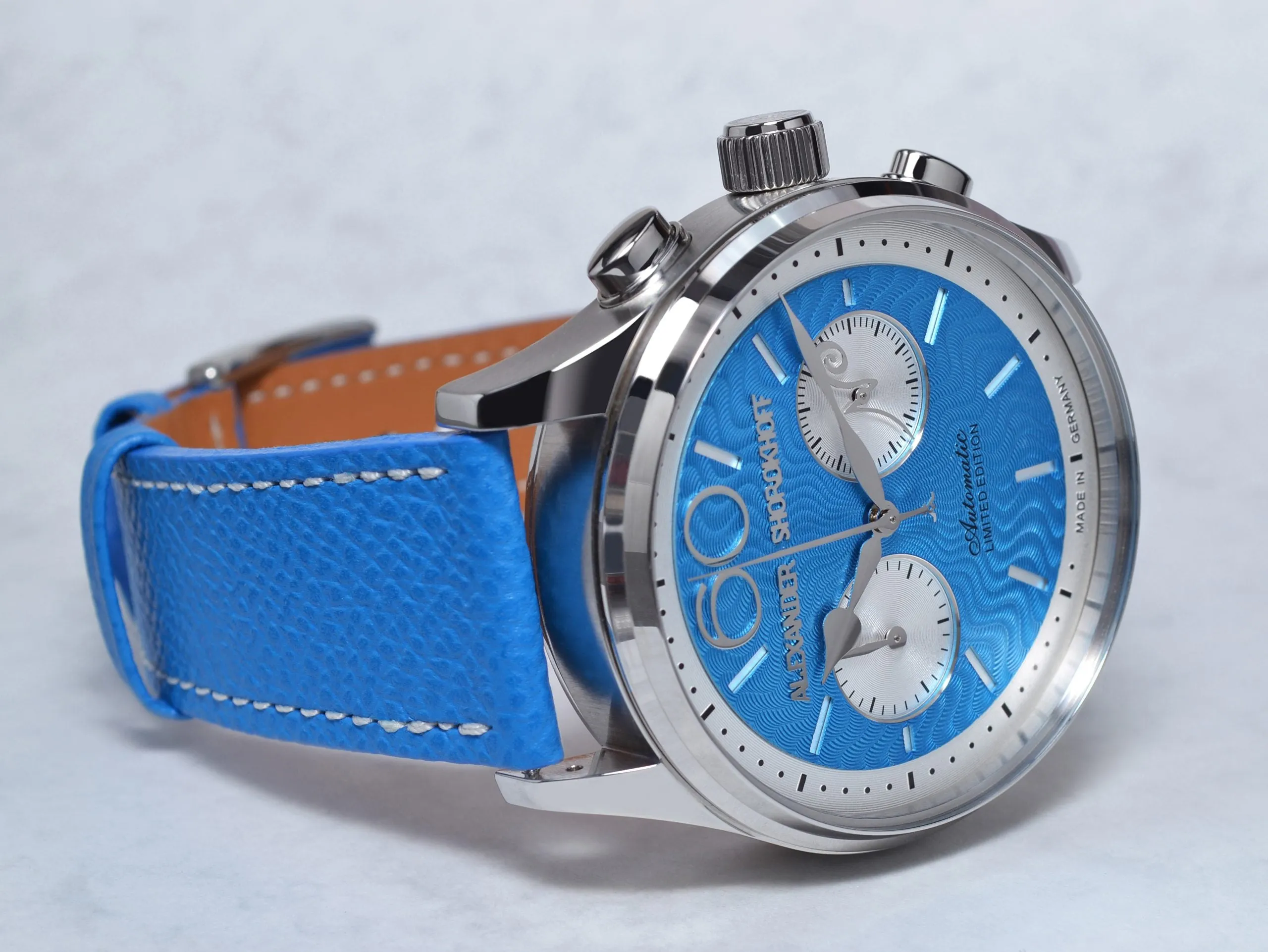 ALEXANDER SHOROKHOFF Neva Chrono Wavy guilloche blue with silver sub-dials