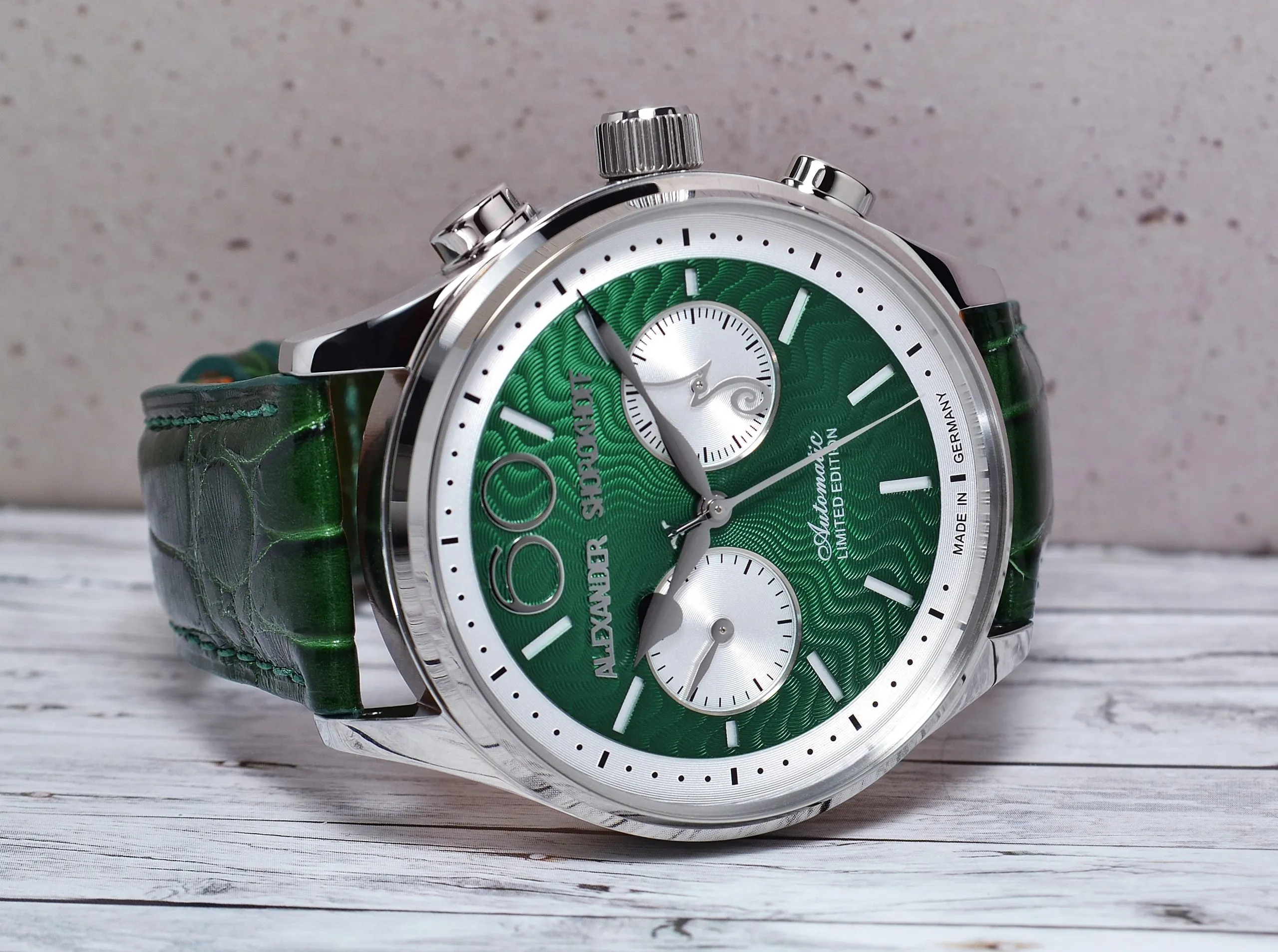 ALEXANDER SHOROKHOFF Neva Chrono Wavy guilloche green with silver sub-dials