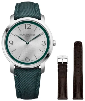 Baume & Mercier Classima Stainless Steel Silver Dial Green Fabric Interchangeable Brown Leather Strap Quartz Mens Watch M0A10705