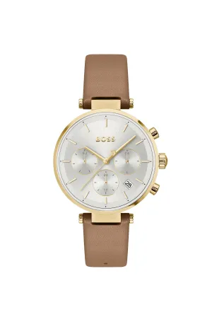 Boss Majesty Sport Qtz Multifunction Silver White Round Dial Women's Watch|Brown Leather Material|Brown Color Band - 1502772