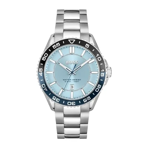 BOSS Runner 3H Qtz Basic Calendar Light Blue Round Dial Men's Watch|Stainless Steel Material|Silver Color Band - 1514207