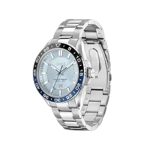 BOSS Runner 3H Qtz Basic Calendar Light Blue Round Dial Men's Watch|Stainless Steel Material|Silver Color Band - 1514207