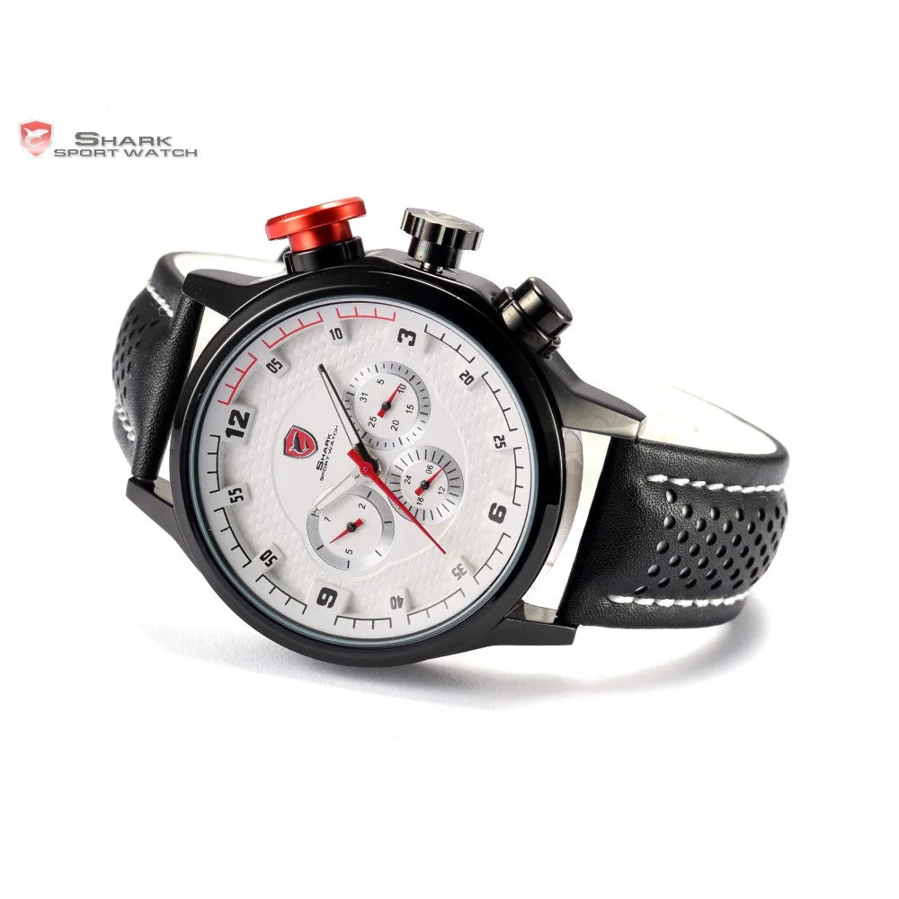 Brand New SHARK Sport Watch 6 Hands Date Day White Analog Stainless Steel Case Black Leather Strap Quartz Mens Watches