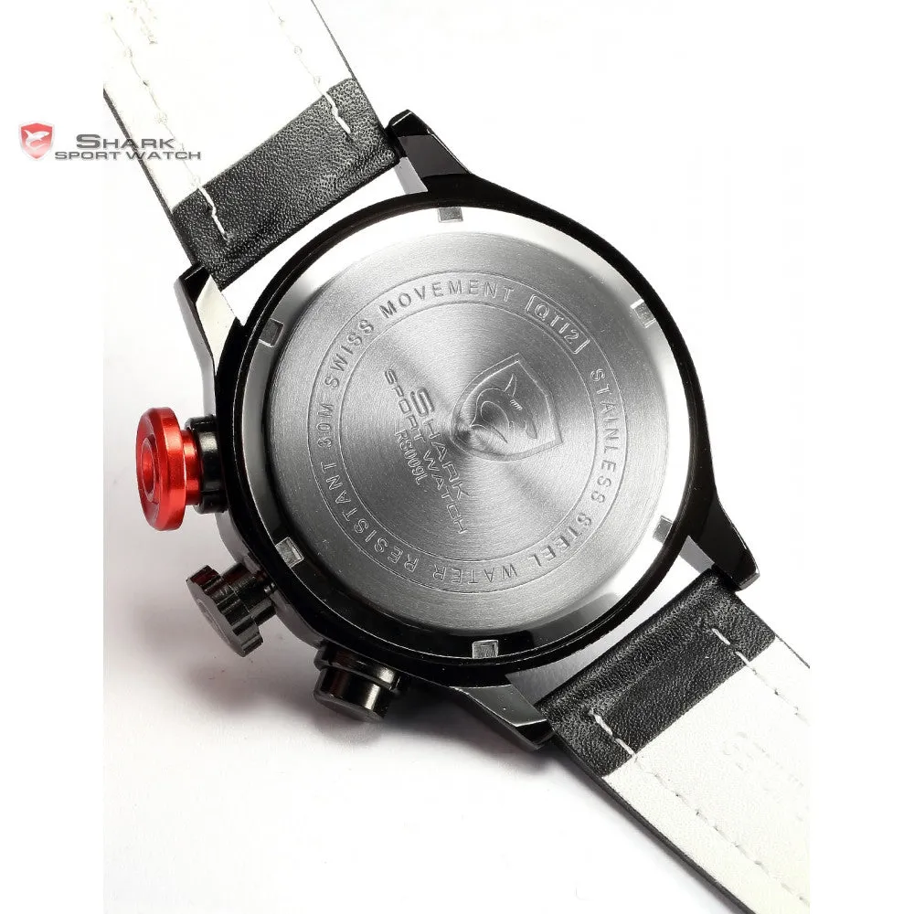 Brand New SHARK Sport Watch 6 Hands Date Day White Analog Stainless Steel Case Black Leather Strap Quartz Mens Watches