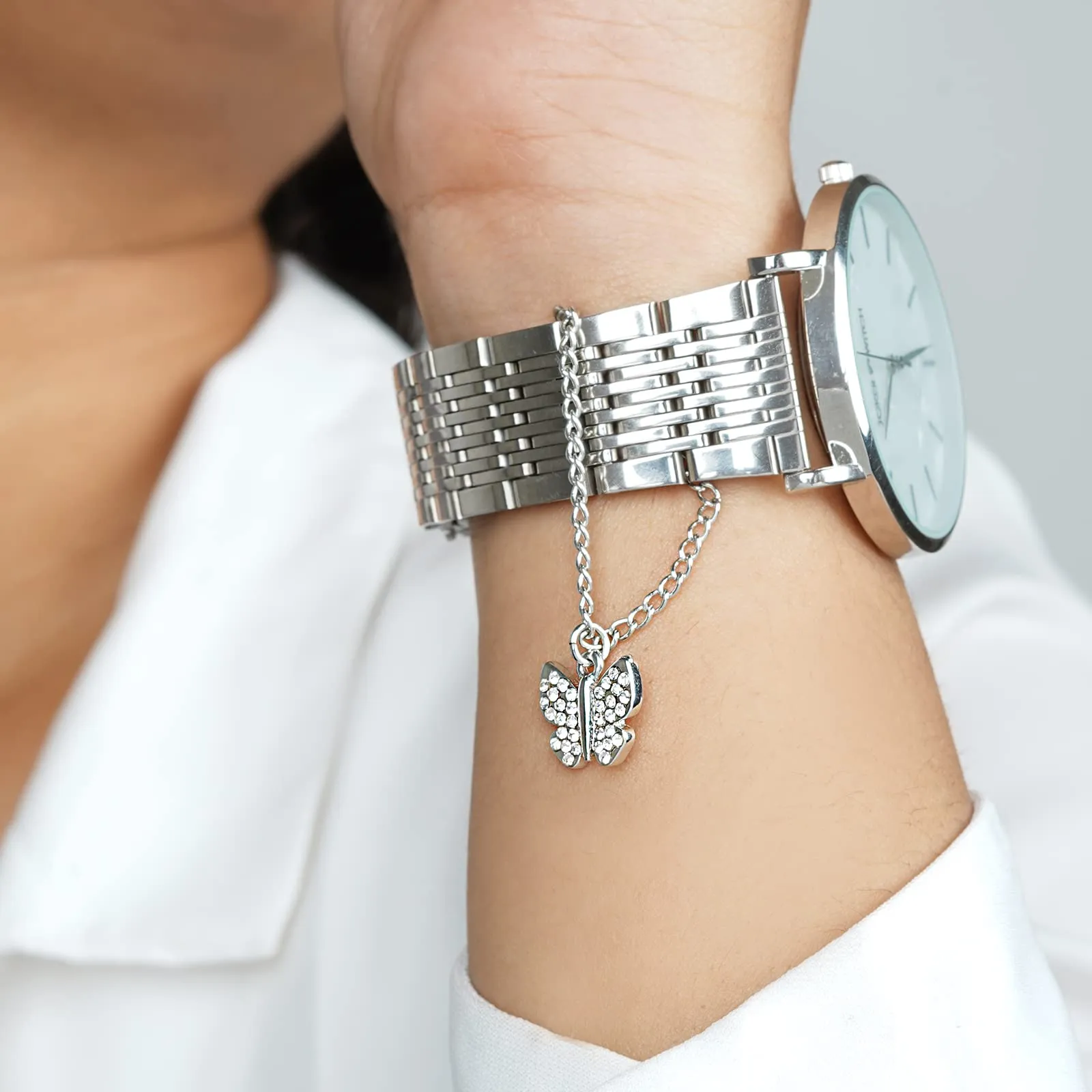 Butterfly Rhinestone Silver Watch Charm