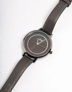 Coated Black Rainbow Crystal Faux Leather Watch