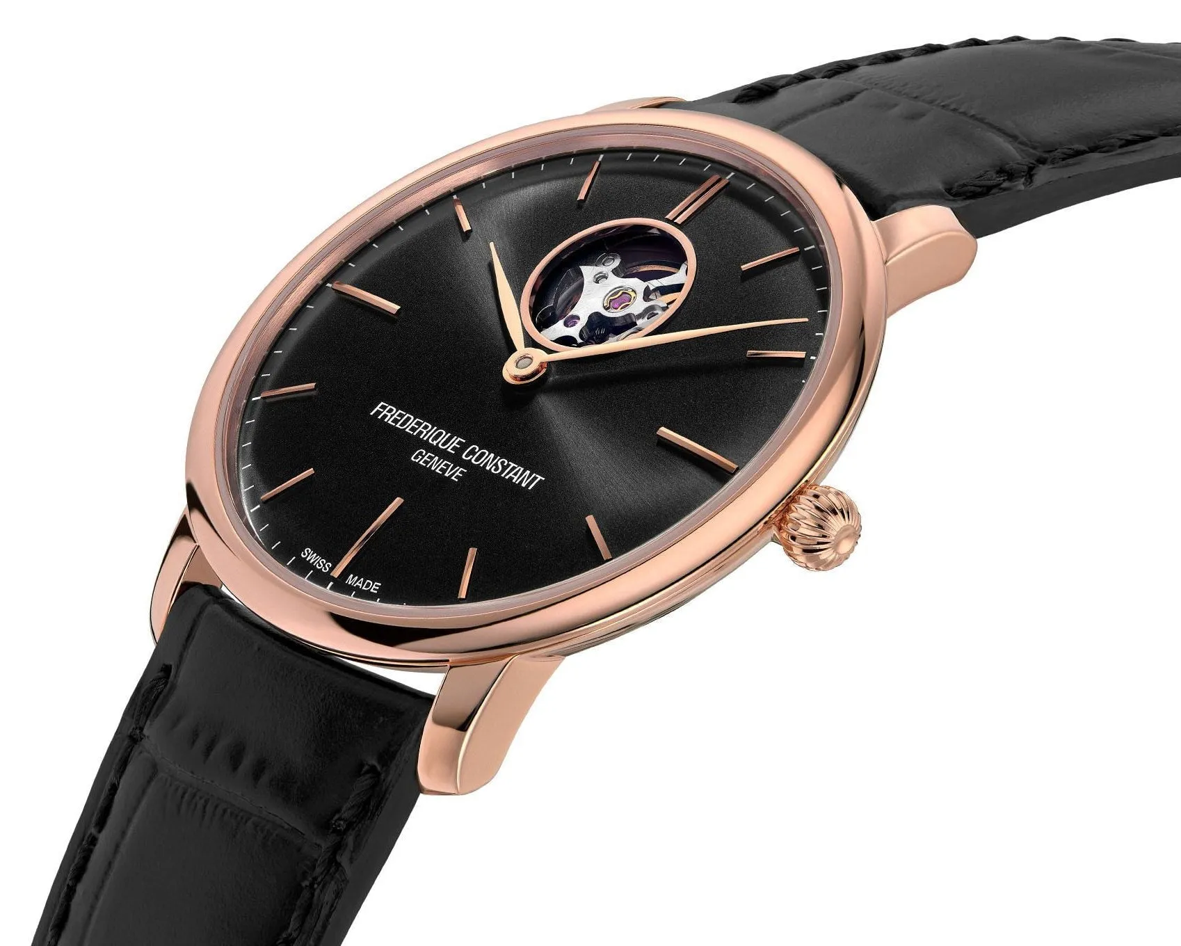 Frederique Constant Slimline Heart Beat Automatic Rose Gold Tone Steel Black Dial Black Leather Strap Mens Watch FC-312B4S4