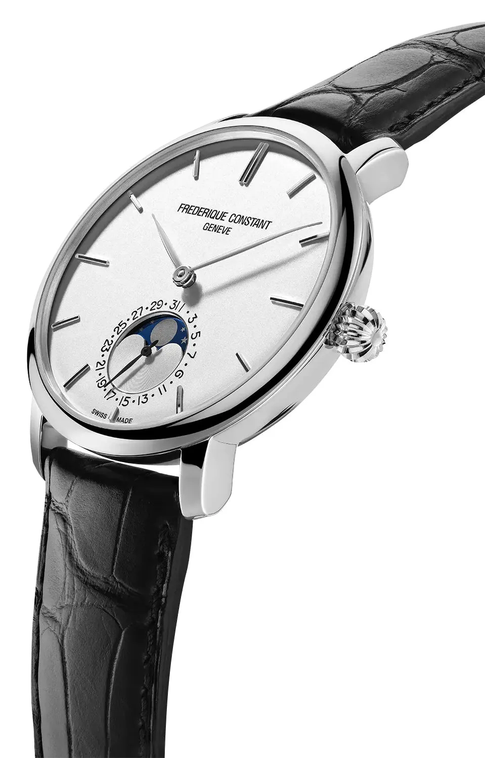 Frederique Constant Slimline Moonphase Automatic Stainless Steel Silver Dial Black Leather Strap Date Mens Watch FC-705S4S6