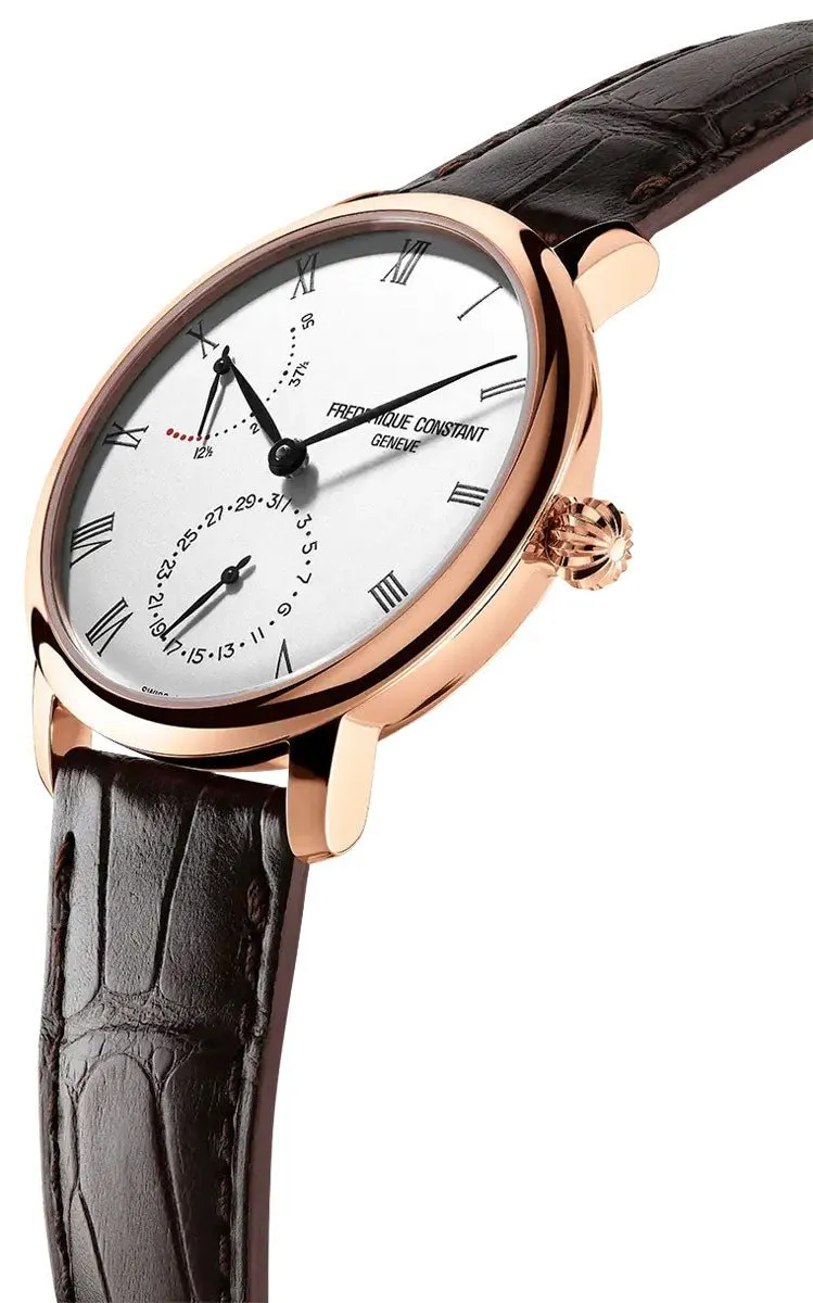 Frederique Constant Slimline Power Reserve Automatic Rose Gold Plated Silver Dial Brown Leather Strap Date Mens Watch FC-723WR3S4