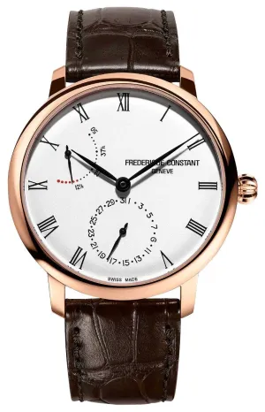 Frederique Constant Slimline Power Reserve Automatic Rose Gold Plated Silver Dial Brown Leather Strap Date Mens Watch FC-723WR3S4