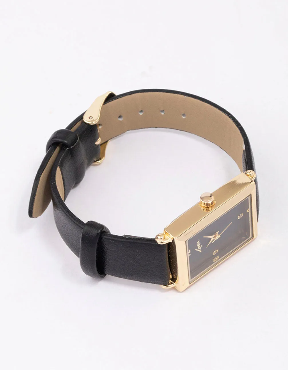 Gold & Black Faux Leather Rectangular Watch