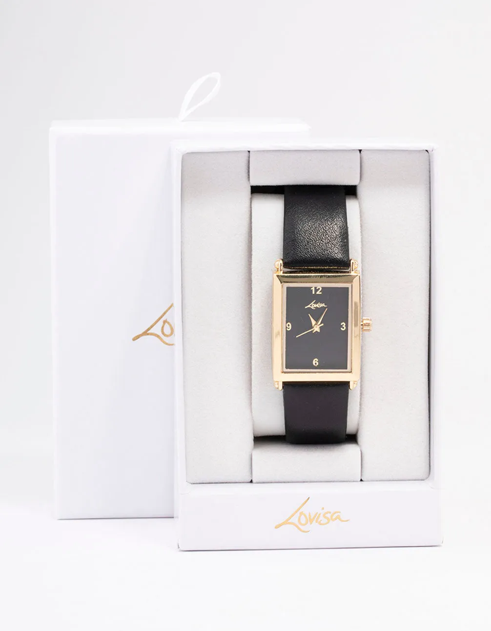 Gold & Black Faux Leather Rectangular Watch