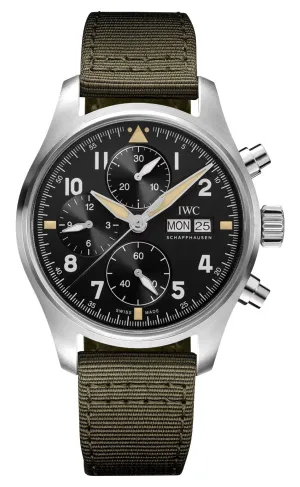 IWC Pilot's Spitfire Automatic Chronograph Stainless Steel Black Dial Green Textile Strap Day/Date Mens Watch IW387901