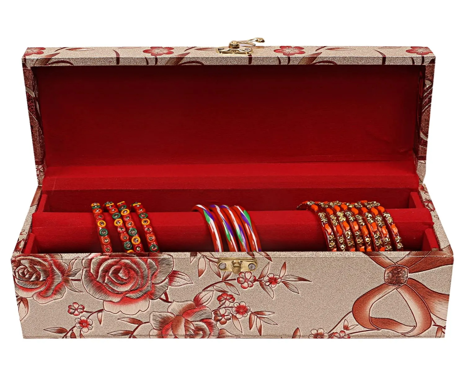 Kuber Industries Floral Design Wooden 1 Rod Bangle Box/Organizer For Bangle, Watches, Bracelets, Jewllery With Swing Arm Lock (Gold)-47KM0646