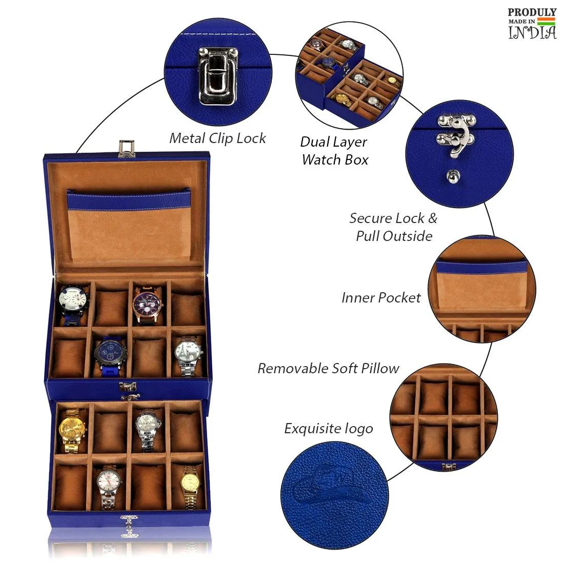 Leather World Unisex Classical 16 Slots Watch Organiser Box