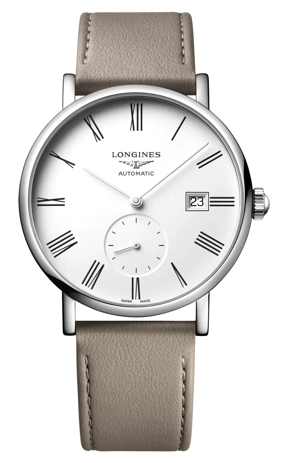 Longines Elegant Automatic Stainless Steel White Dial Beige Leather Strap Date Unisex Watch L4.812.4.11.2