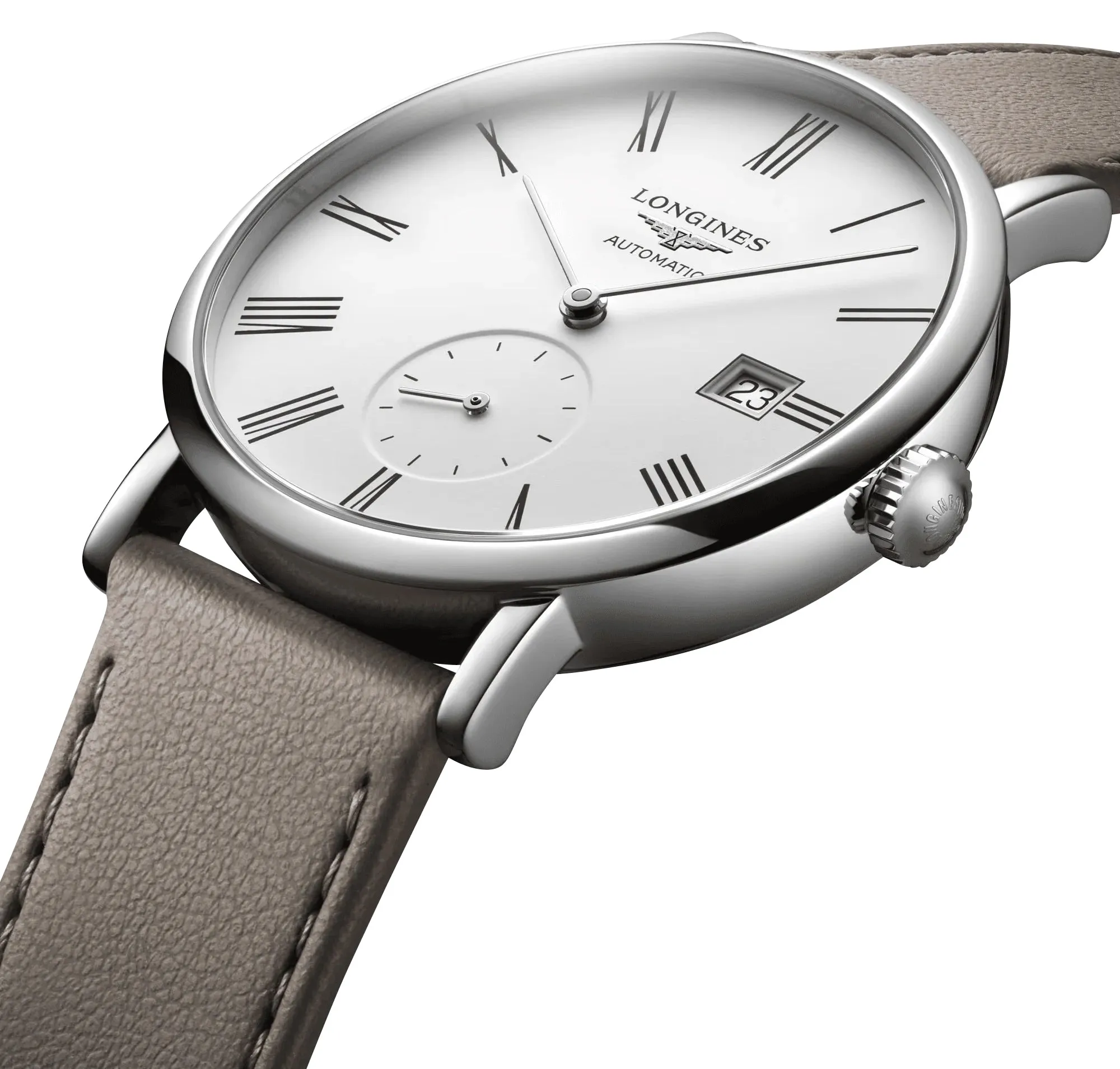 Longines Elegant Automatic Stainless Steel White Dial Beige Leather Strap Date Unisex Watch L4.812.4.11.2