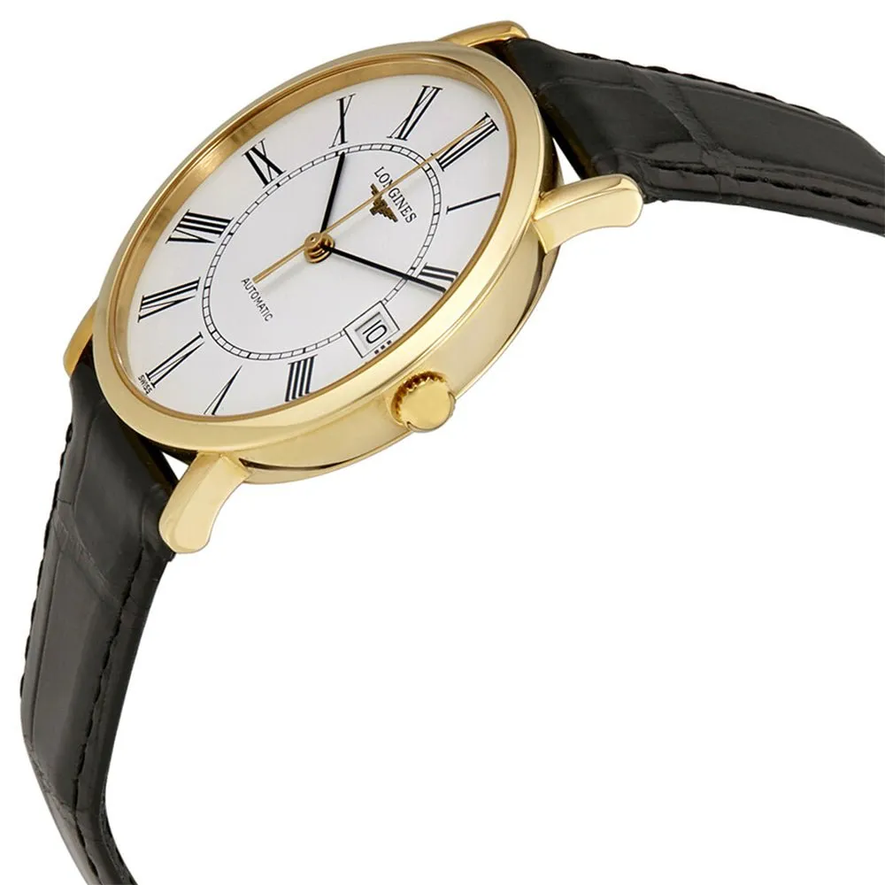 Longines Presence Automatic 18K Yellow Gold White Dial Black Leather Strap Date Mens Watch L4.778.6.11.0