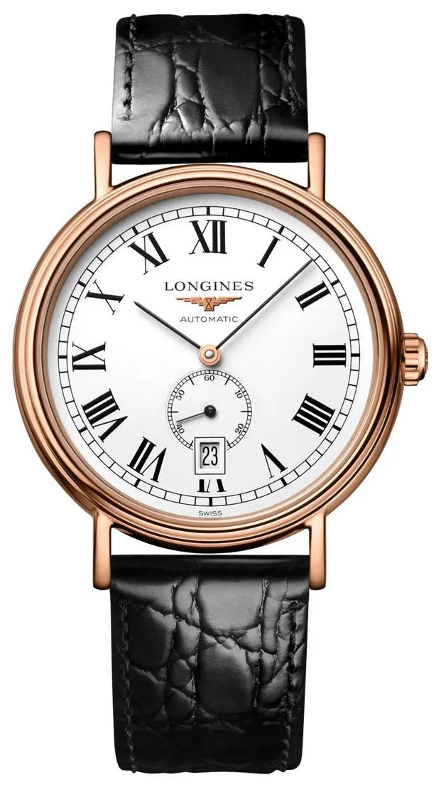 Longines Presence Automatic Rose Gold PVD White Dial Black Leather Strap Date Mens Watch L4.904.1.11.2