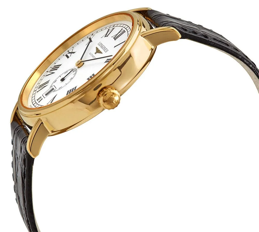 Longines Presence Automatic Yellow Gold PVD White Dial Black Leather Strap Date Mens Watch L4.905.2.11.2