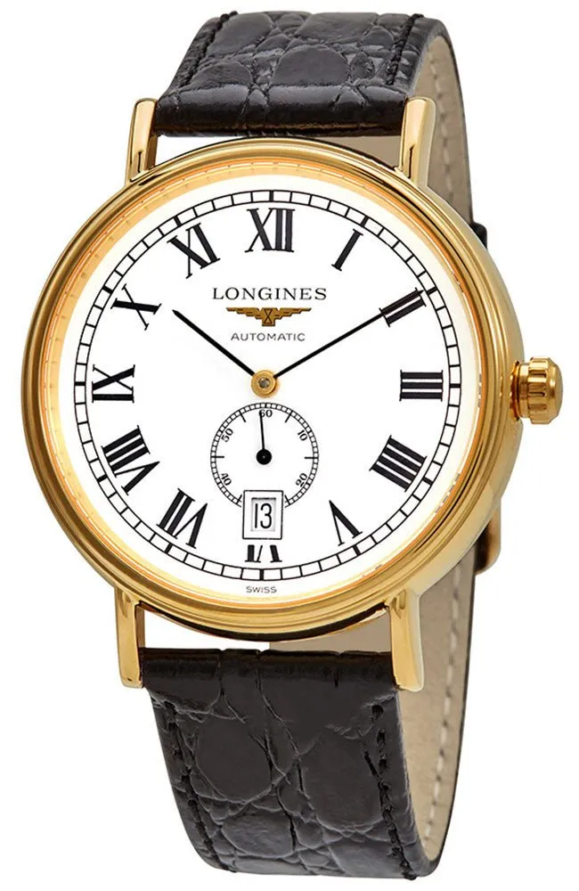 Longines Presence Automatic Yellow Gold PVD White Dial Black Leather Strap Date Mens Watch L4.905.2.11.2