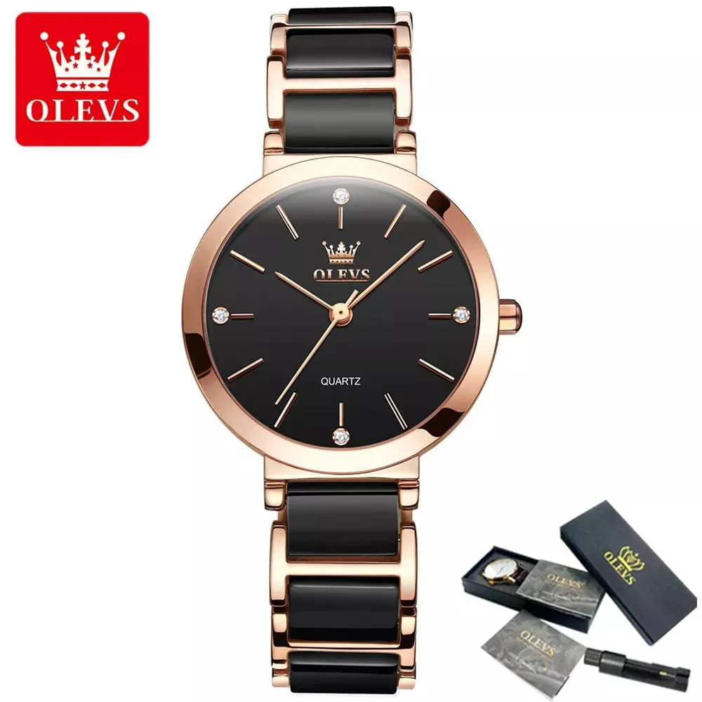 Luxury Rose Gold Elegance: Fashion Women's Quartz Wristwatch with Ceramic Bracelet Design