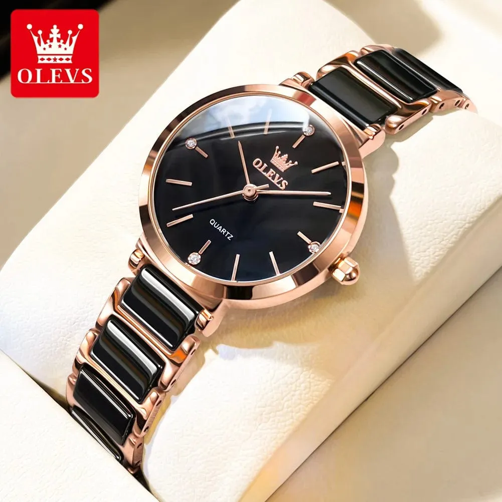 Luxury Rose Gold Elegance: Fashion Women's Quartz Wristwatch with Ceramic Bracelet Design