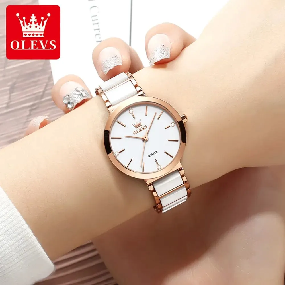 Luxury Rose Gold Elegance: Fashion Women's Quartz Wristwatch with Ceramic Bracelet Design