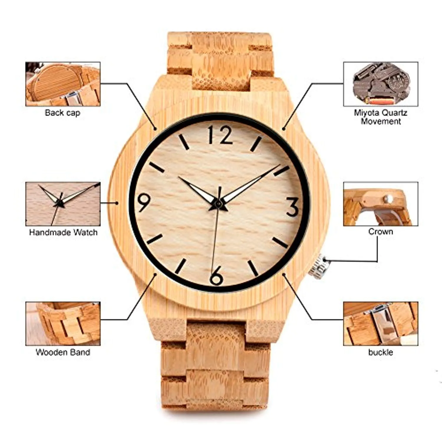 Men's Bamboo Wooden Watch Numeral Scale Large Face Quartz Watch Lightweight