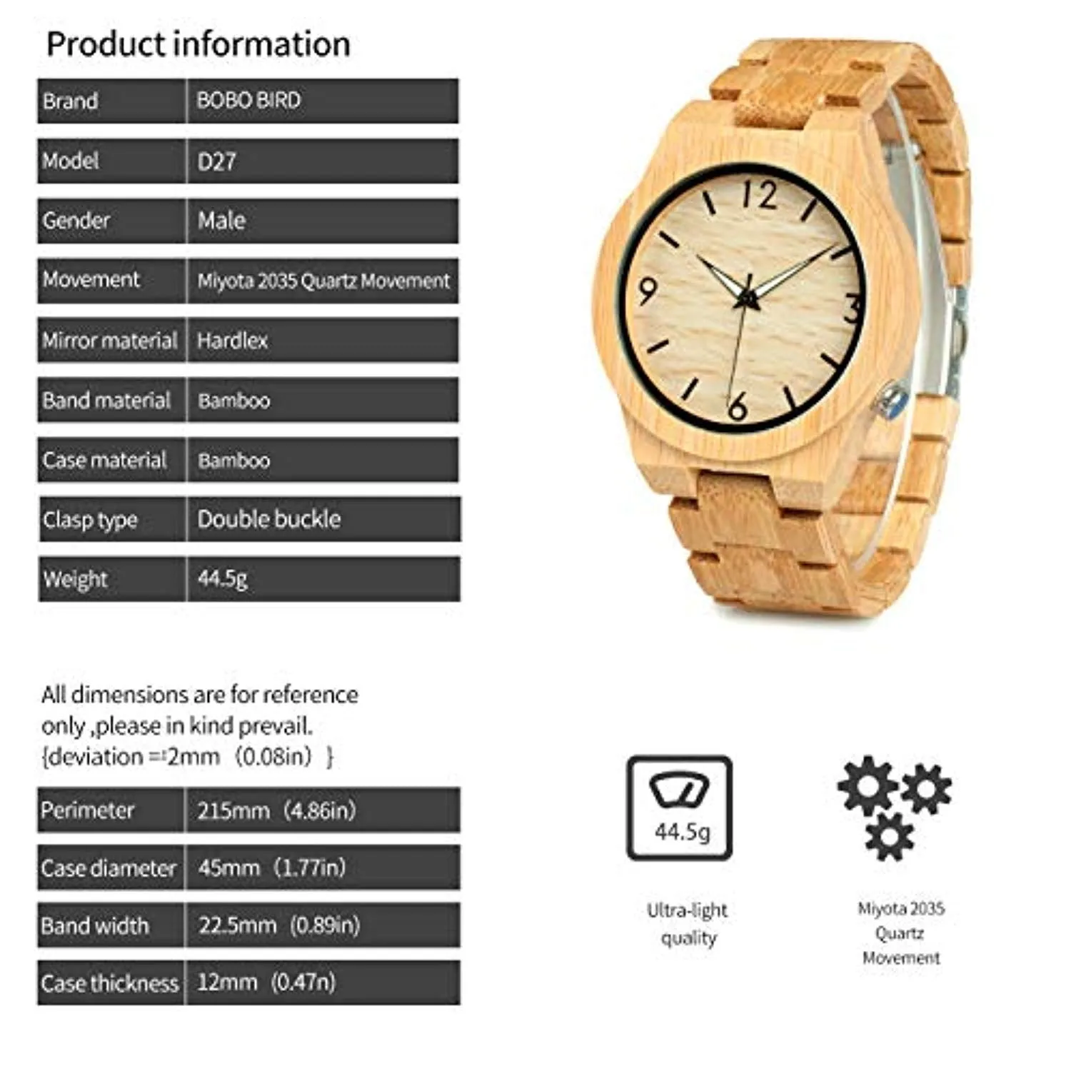 Men's Bamboo Wooden Watch Numeral Scale Large Face Quartz Watch Lightweight