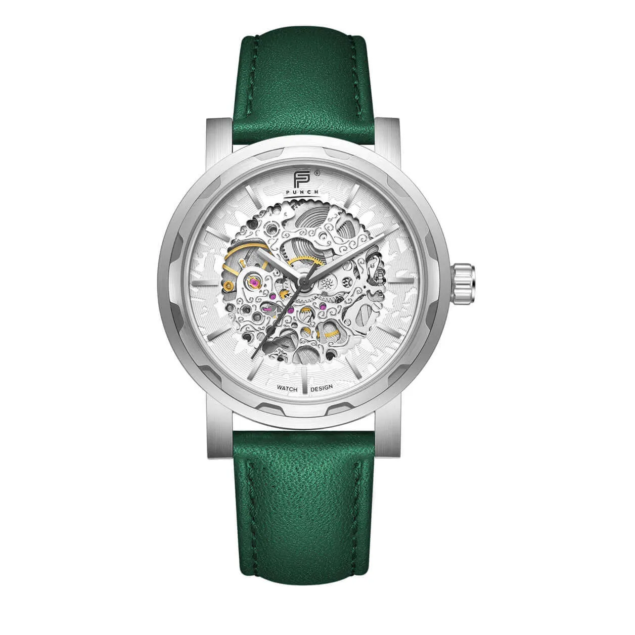 PUNCH Mens Watch, Silver & White Skeleton Automatic Watch - Green Leather Strap