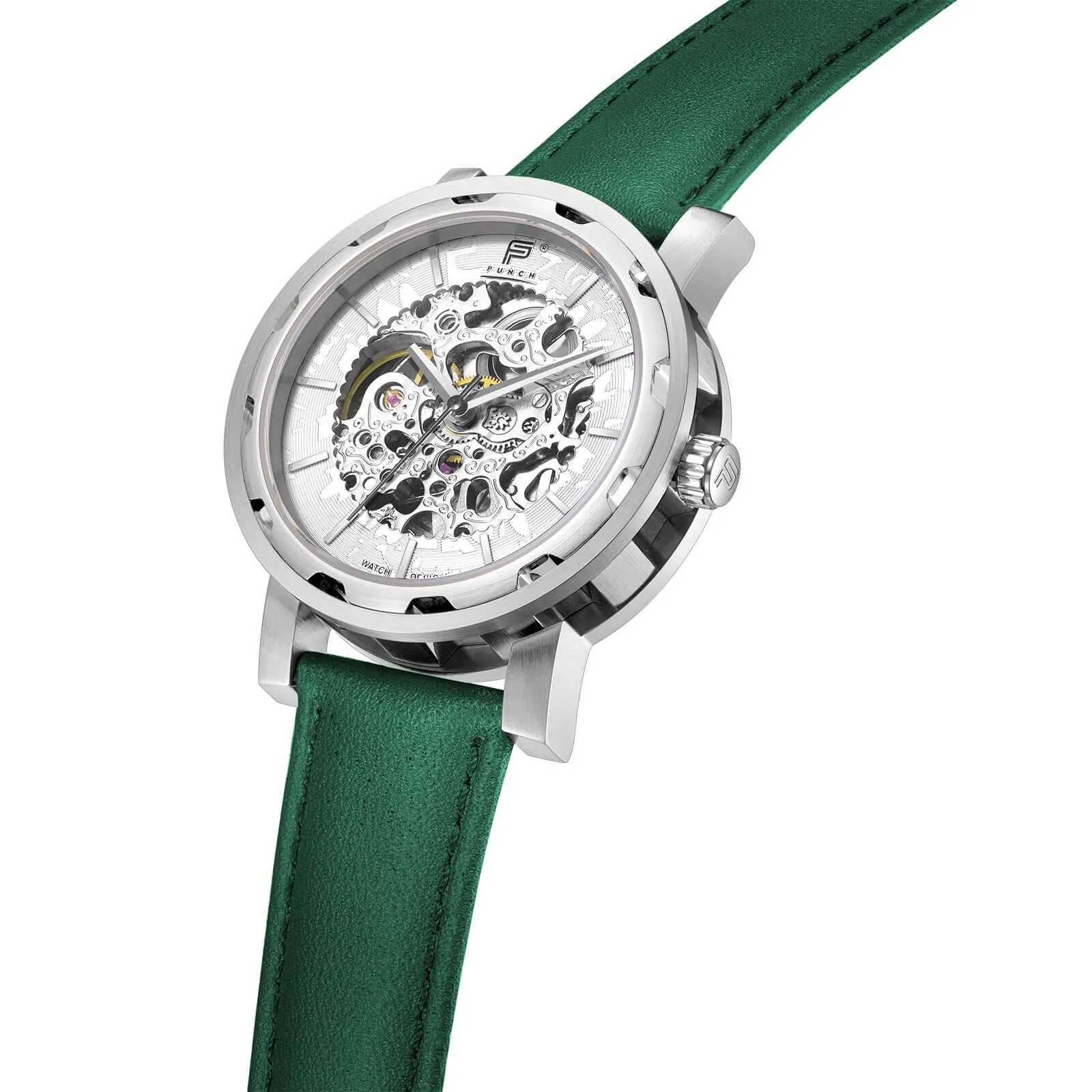 PUNCH Mens Watch, Silver & White Skeleton Automatic Watch - Green Leather Strap