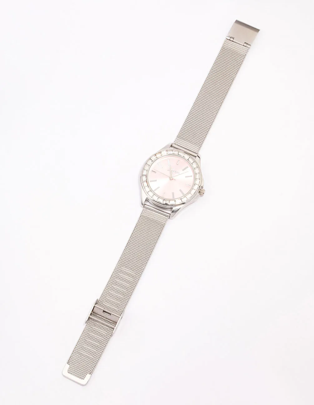 Rhodium Baguette Bezel Mesh Watch