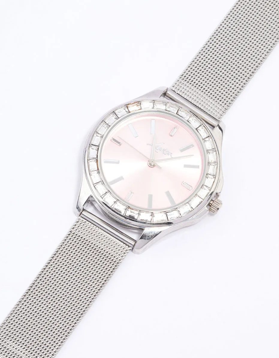 Rhodium Baguette Bezel Mesh Watch