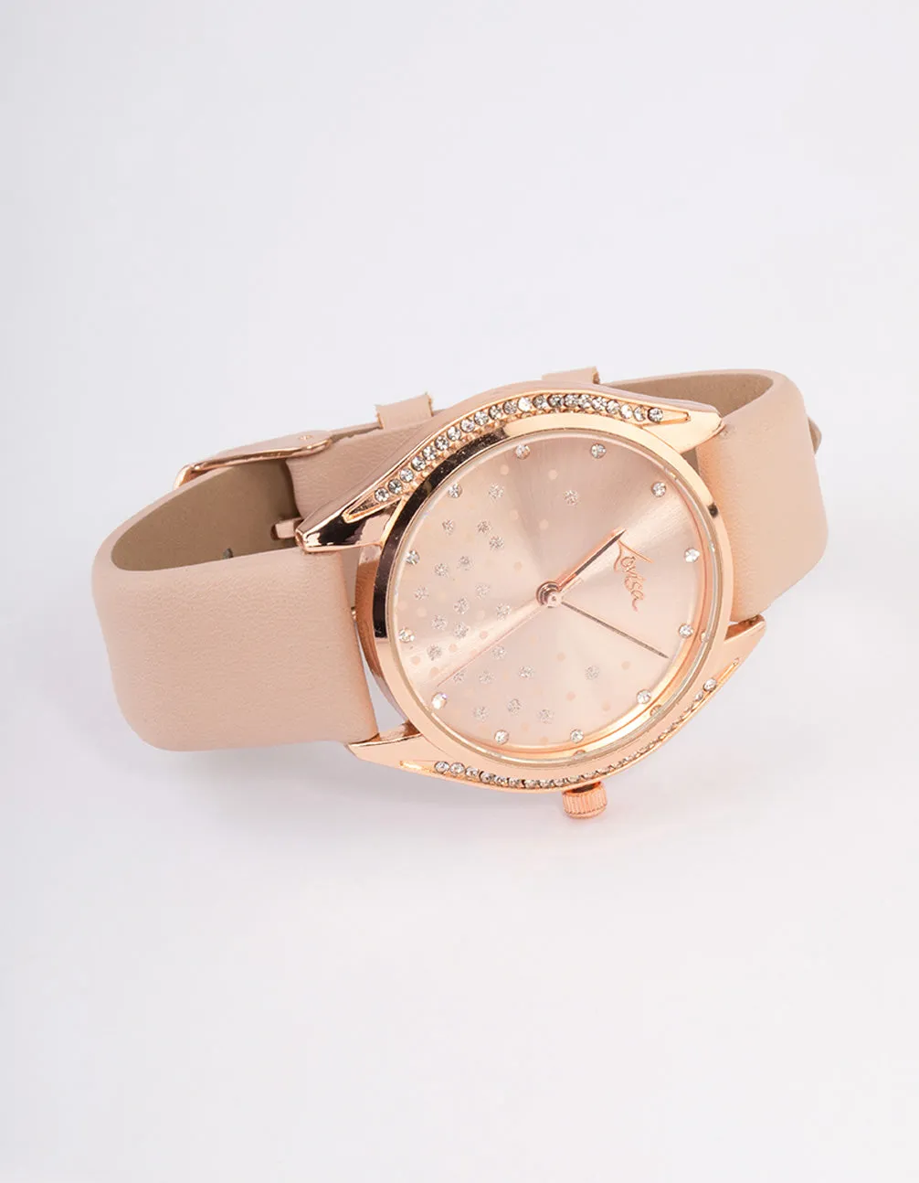 Rose Gold Diamante Scatter Faux Leather Watch