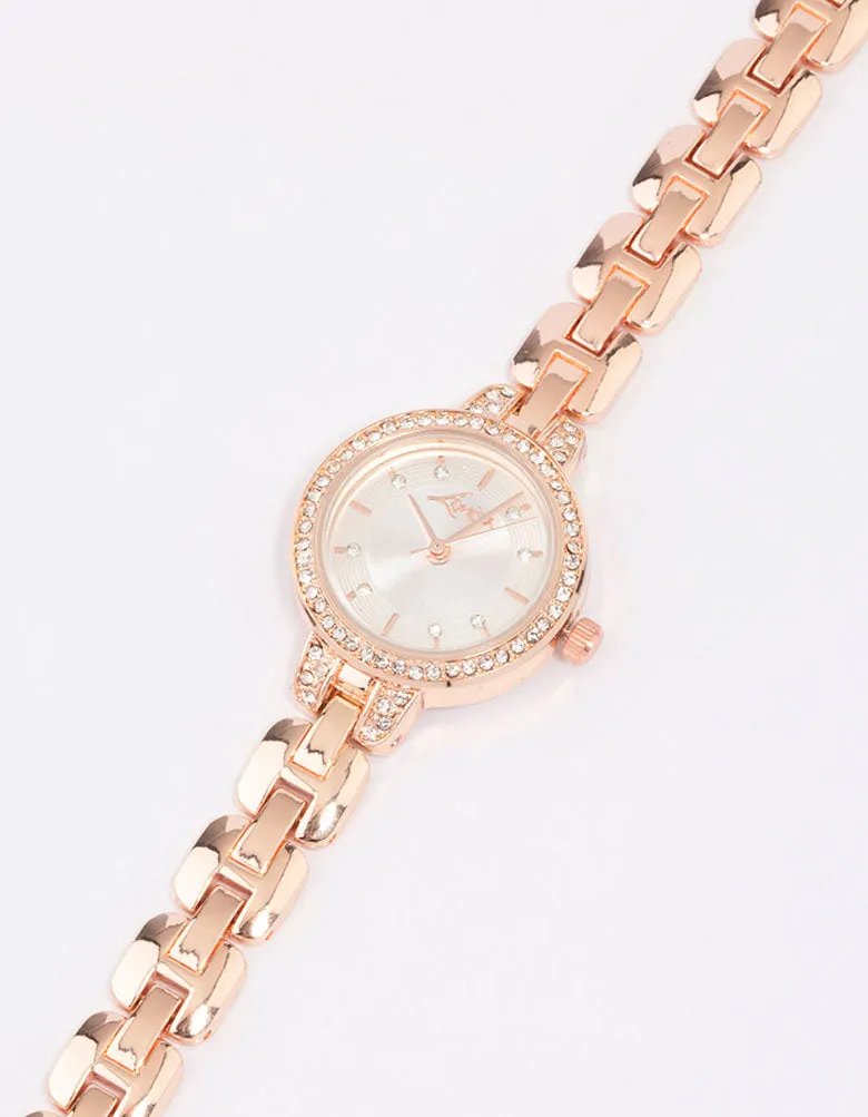 Rose Gold Diamante Small Round Strap Watch