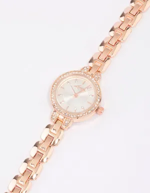 Rose Gold Diamante Small Round Strap Watch