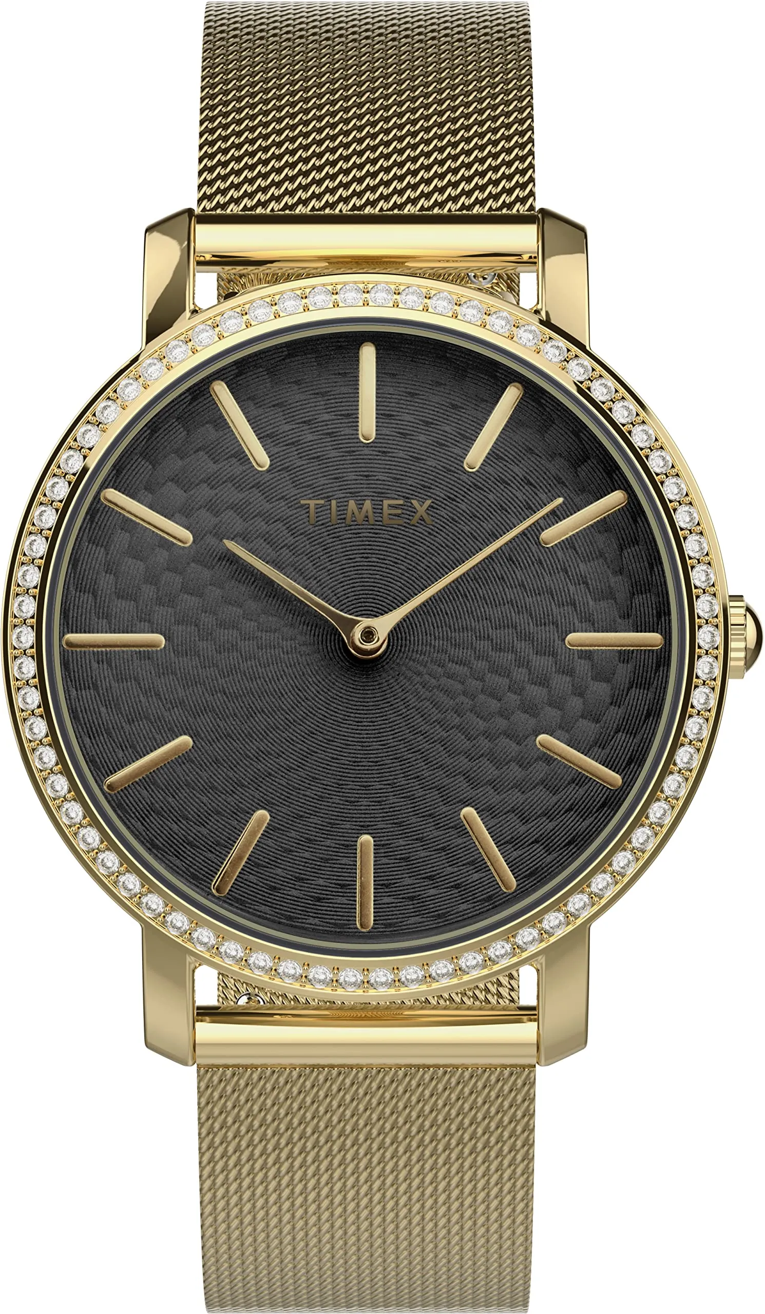 TIMEX Women Stainless Steel Analog Black Dial Coloured Quartz Watch, Round Dial With 34 Mm Case Width - Tw2V52300Uj, Band Color-Gold