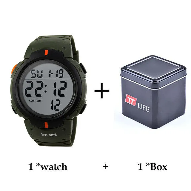 TTLIFE Men Watch Outdoor Sports Running Electronic Wrist Watches Alarm Clock 50m Waterproof Digital LED Military Mens Watch 1068