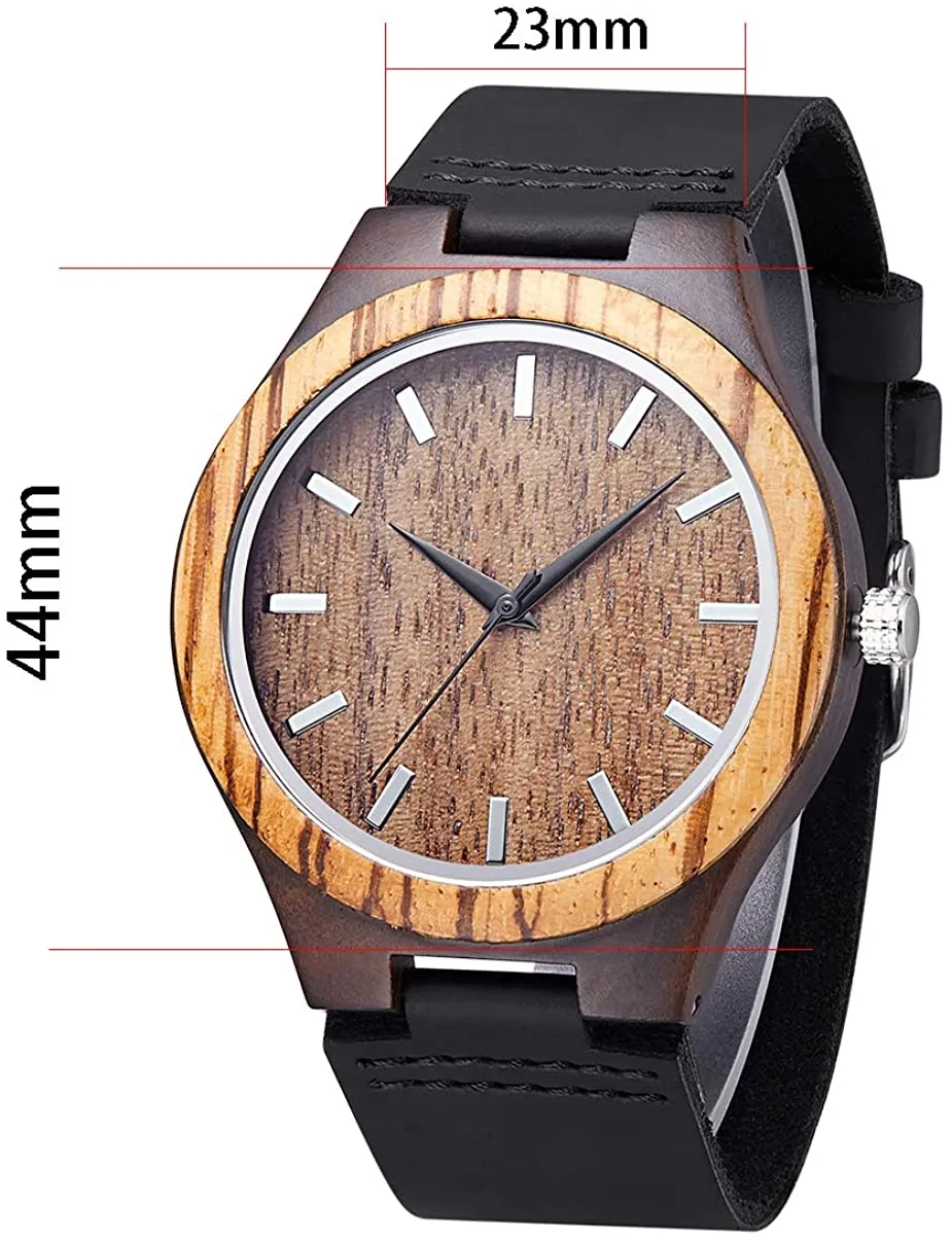 Unisex Wooden Watch for Men and Women Analog Quartz Lightweight Handmade Casual Watches with Cowhide Leather Strap