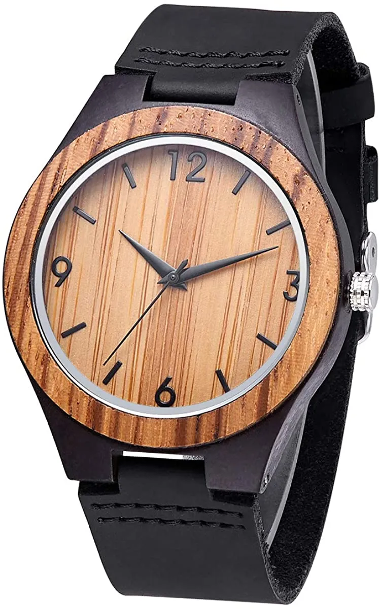 Unisex Wooden Watch for Men and Women Analog Quartz Lightweight Handmade Casual Watches with Cowhide Leather Strap