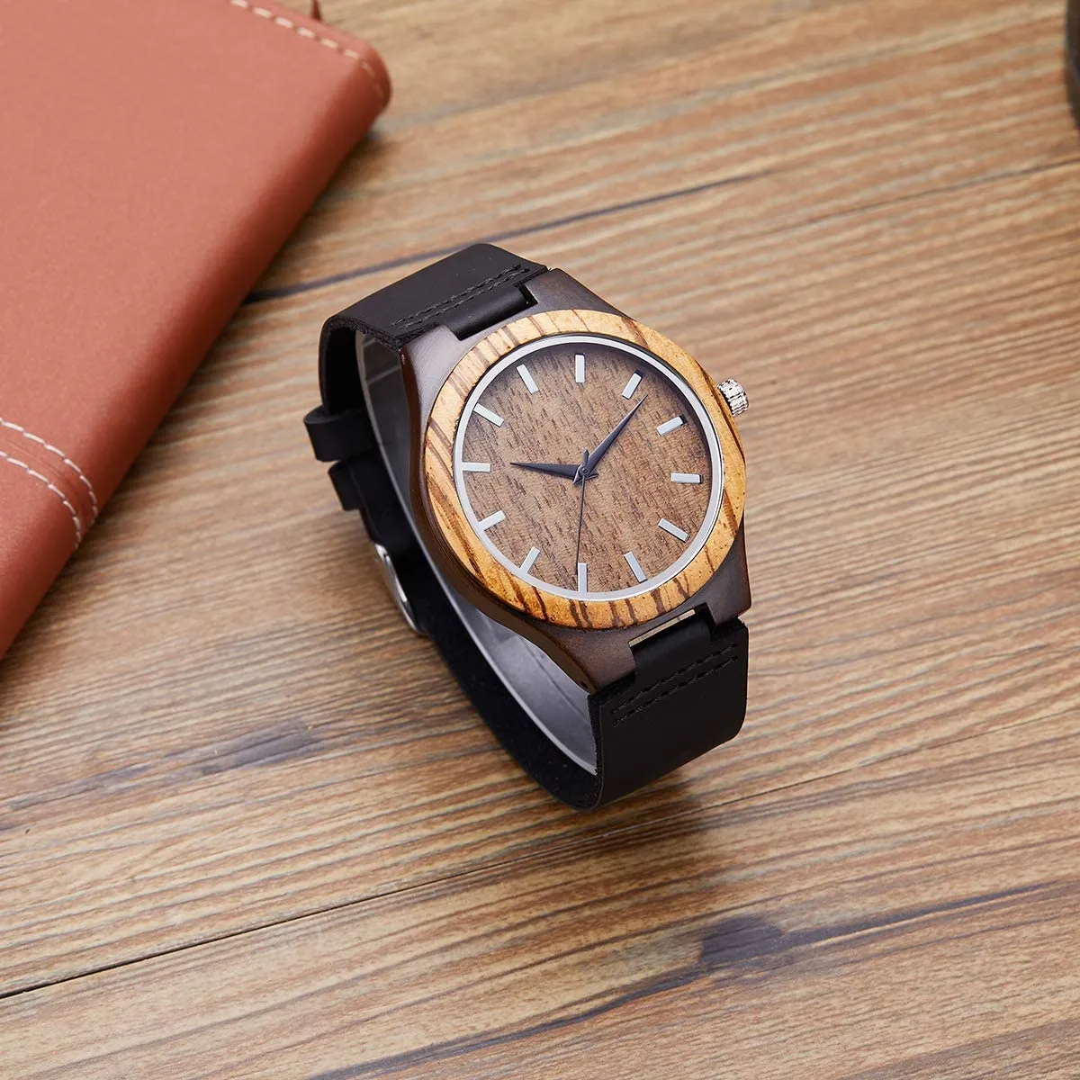 Unisex Wooden Watch for Men and Women Analog Quartz Lightweight Handmade Casual Watches with Cowhide Leather Strap