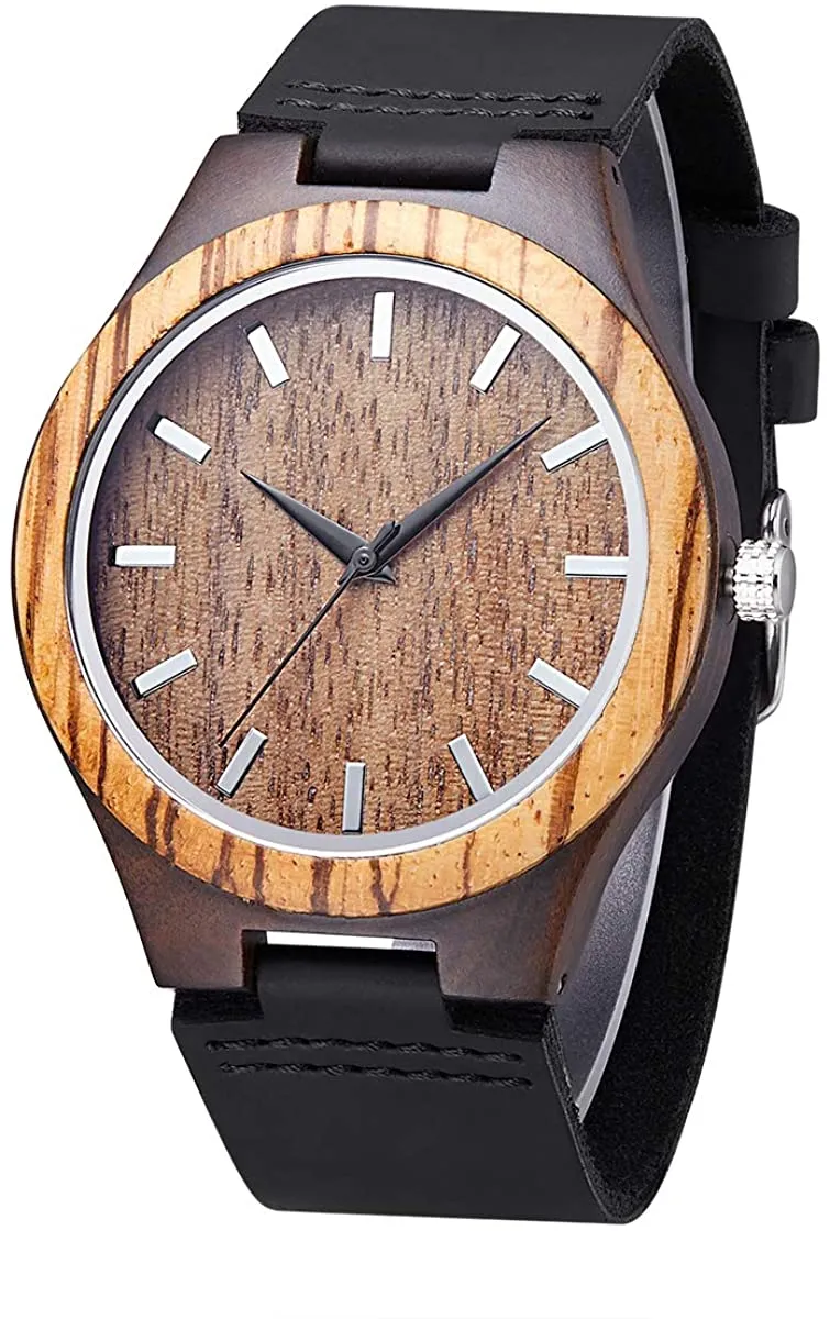 Unisex Wooden Watch for Men and Women Analog Quartz Lightweight Handmade Casual Watches with Cowhide Leather Strap