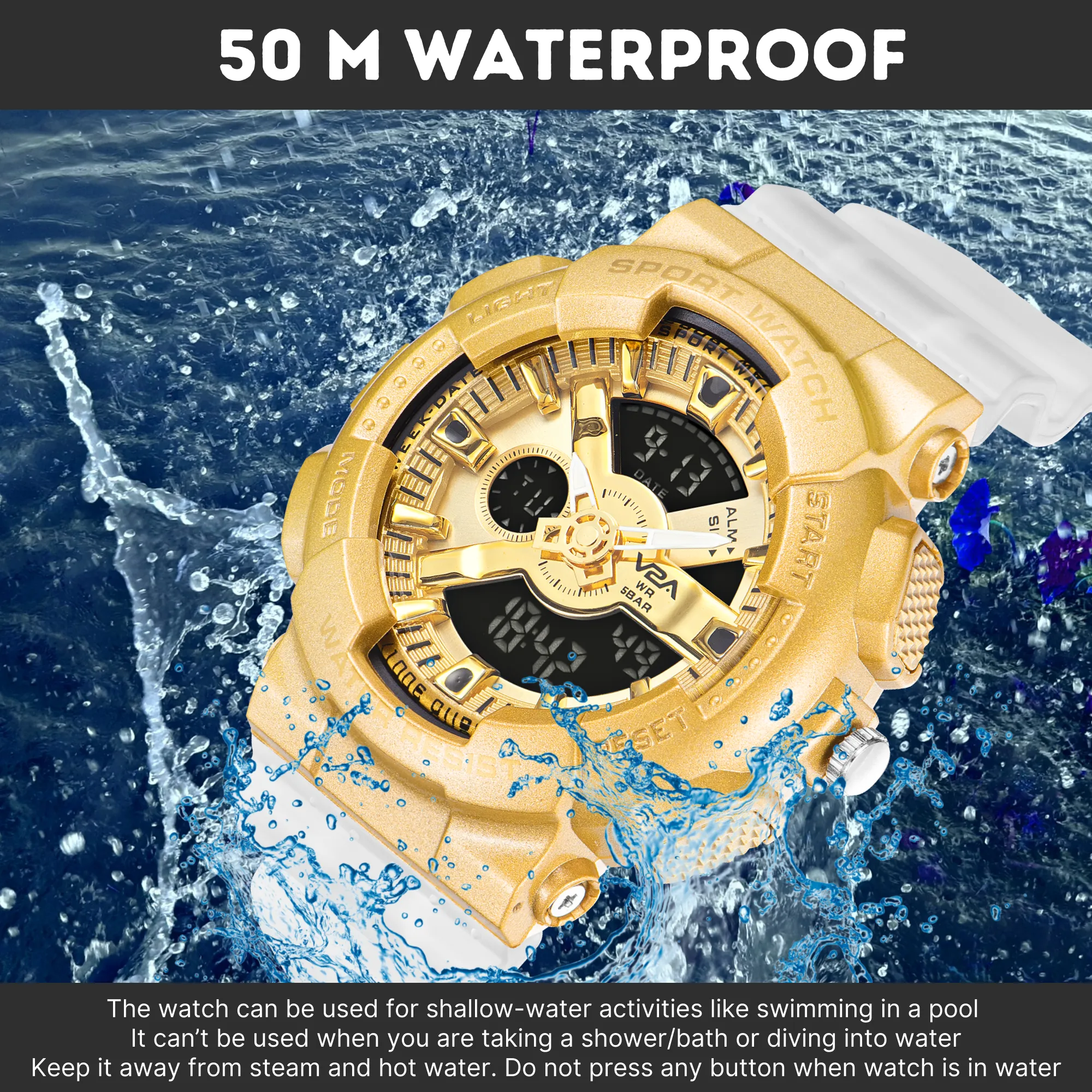 V2A Analog Digital Big and Bold Golden Case 5ATM Waterproof Sports Watch for Men with Stopwatch, Alarm and Backlight | Case Size- 51mm